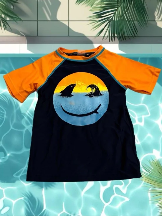 Appaman Boys UPF 50+ Rash Guard Navy Orange Smiley Face Swim Shirt 4T