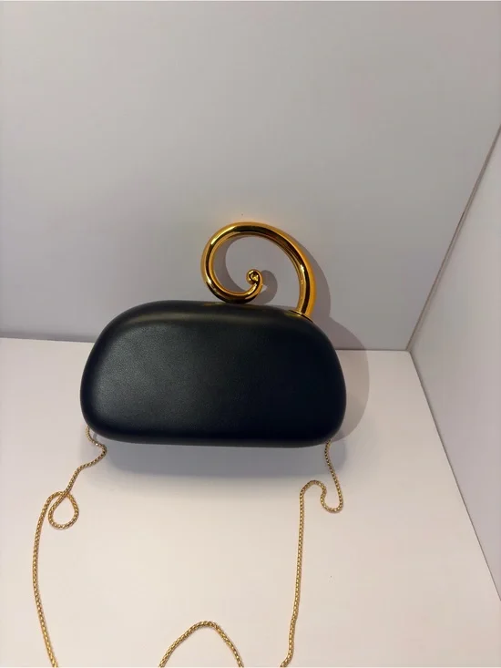Black Leather Evening Clutch with Gold Spiral Handle