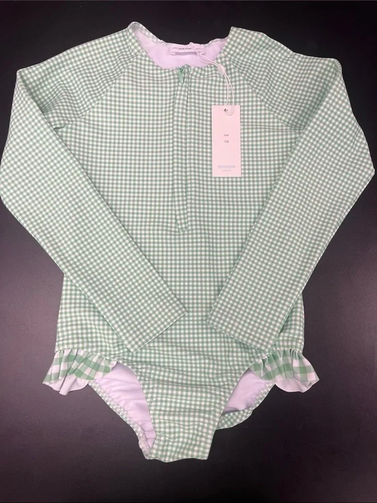 Girls' Green Gingham Long-Sleeve One-Piece Swimsuit with Ruffle Trim minnow nwt