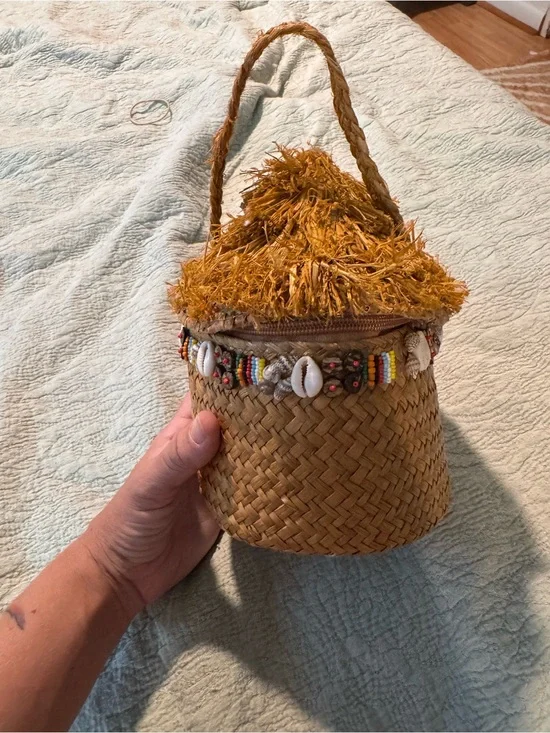 Cappelli Straworld Woven Straw Clutch with Mustard Fringe and Shell Bead Trim