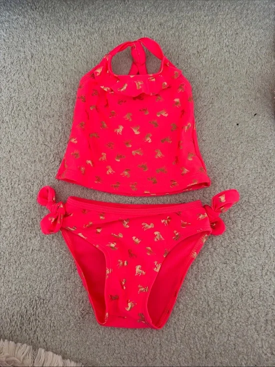Girls' neon Pink Two-Piece Swim Set with Gold unicorn Print