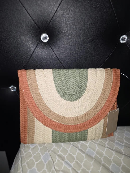 Multicolor Woven Envelope Clutch - Green, Cream & Tan