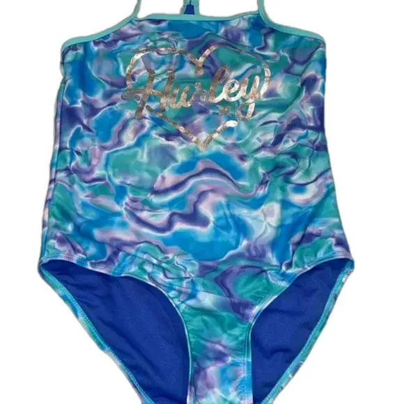 Hurley girls swim one piece. Trimmed in green with swirls of blue/purple. GGG