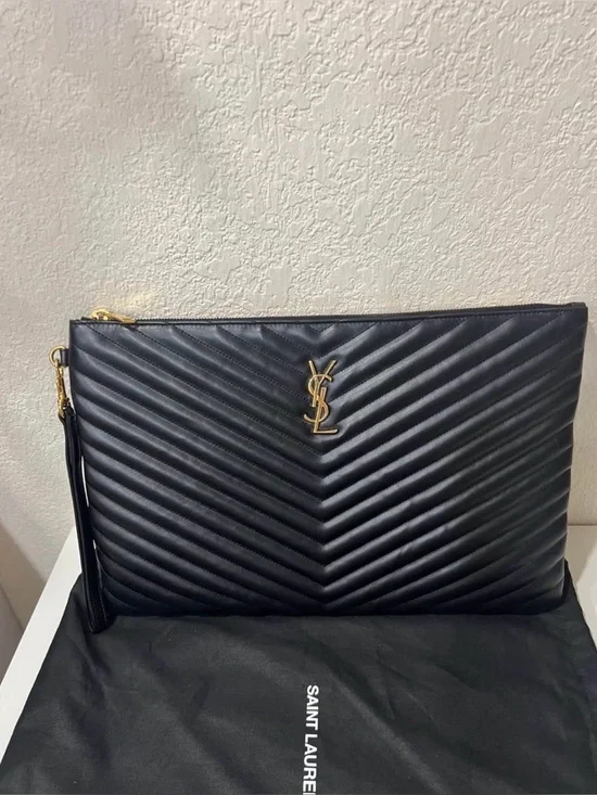 Saint Laurent Black Quilted Chevron Leather Clutch with Gold YSL