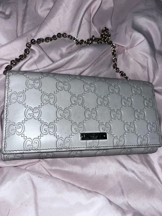 Gucci Authentic Leather Embossed GG Chain Wallet/ Pouchette