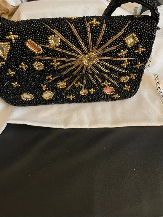Black Hand-Sewn Beading Starburst Evening Clutch - Designer Style NEW