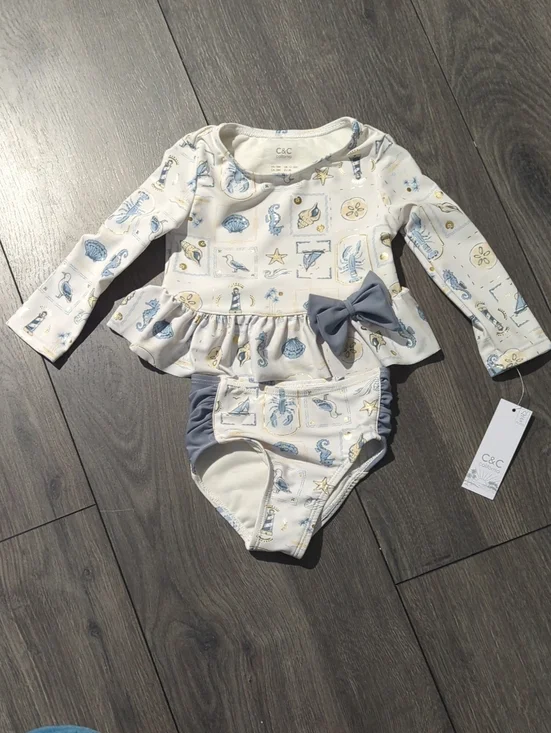 C&C California Cream & Light Blue Nautical Baby Two-Piece Swim Set