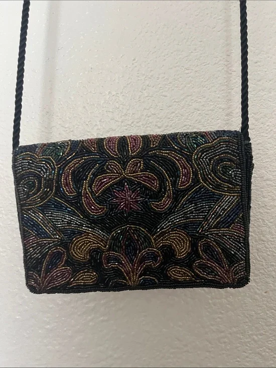 Embroidered Beaded Crossbody Bag - Black Multicolor