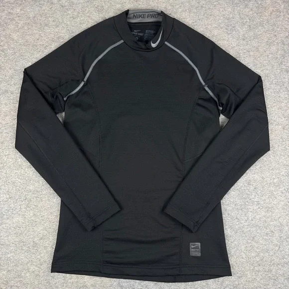 Nike Pro Combat Dri Fit Mock Neck Shirt Fitted Long Sleeve Black Mens Small S