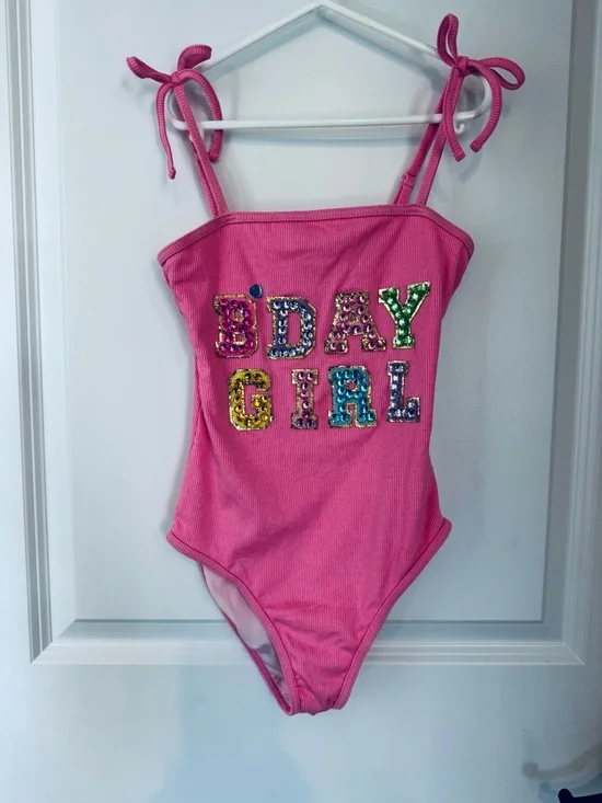 Lola + The Boys Bright Pink Sequin 'B'DAY GIRL' One-Piece Swimsuit