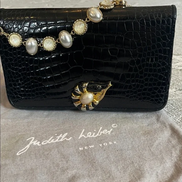 Judith Leiber Black Crocodile Clutch with Gold & Pearl Detailing