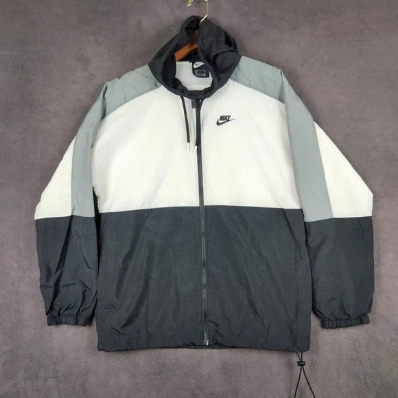 Nike Windbreaker Jacket Mens Small Black White Gray Colorblock Full Zip Hood
