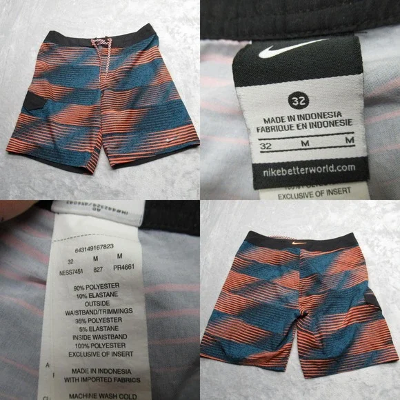 Nike Swim Shorts Mens 32 Orange Blue Striped Cargo Pocket‎ Lace Up Trunks Board
