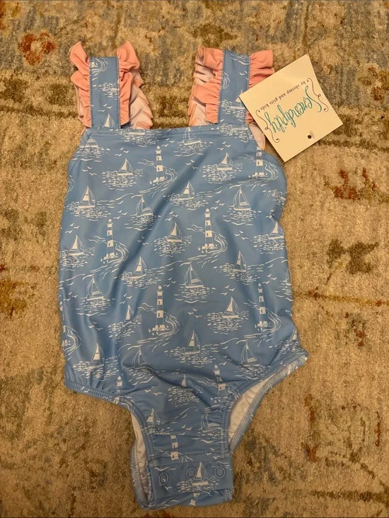 Seaspray Girls' Blue Sailboat One-Piece Swimsuit with Pink Ruffle Straps