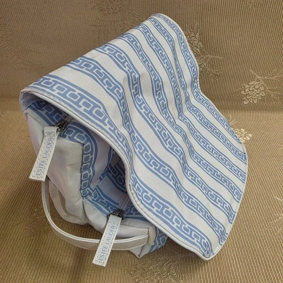 Estee Lauder Blue White Greek Key Stripe Travel Cosmetic Makeup Bag Organizer