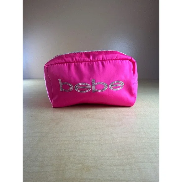 Bebe‎ Pink Nylon Rhinestone Logo Makeup Bag Cosmetic Pouch BBC1P171PK