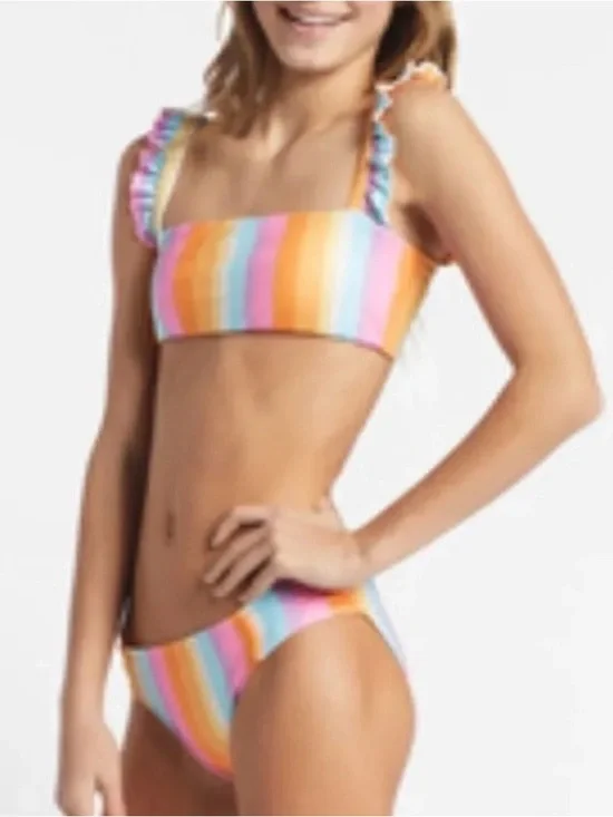 Girls' Multicolor Stripe Ruffle Strap Bikini Set Sz 12