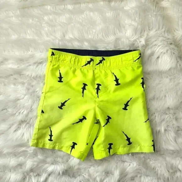 OP KIDS SWIM SUIT LINED WITH ELASTIC WAIST NEON GREEN BLUE SHARKS SIZE XS