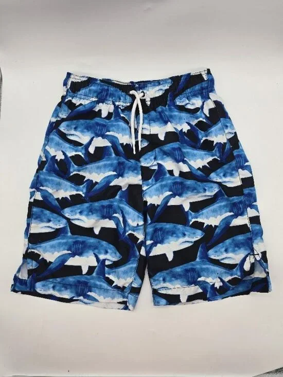 Boys Shark Print Swim Trunks Blue Size Large 10-12 Pool