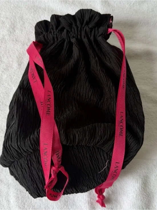 Lancome Black Drawstring Cosmetic Pouch with Pink Logo Straps