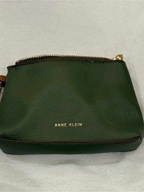Anne Klein Forest Green Pebbled Leather Cosmetic Pouch with Gold Accents