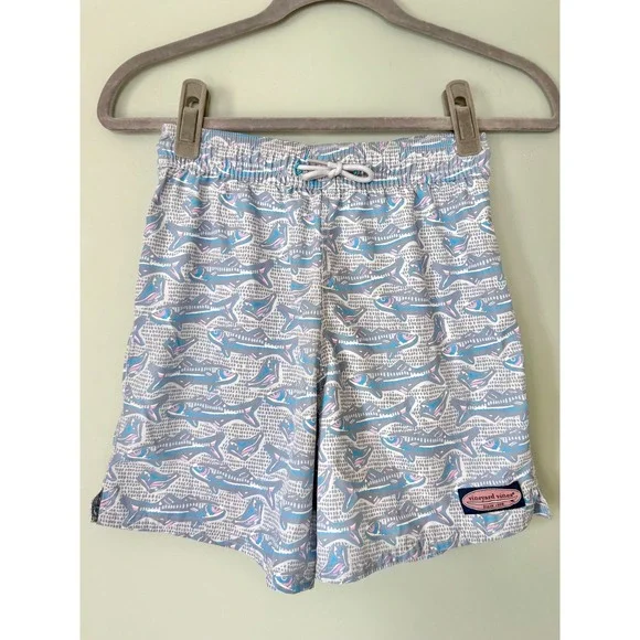 Vineyard Vines Chappy Swim Trunks Bathing Suit Blue Gray Fish Boys'  Small/8-10