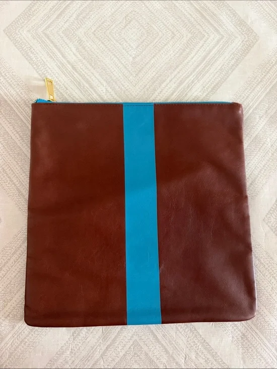 Brown Faux Leather Zippered Pouch Blue Stripe Gold Hardware People StyleWatch