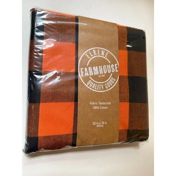 Elrene‎ Farmhouse Tablecloth Orange & Black Buffalo Plaid Cotton 52 X 70
