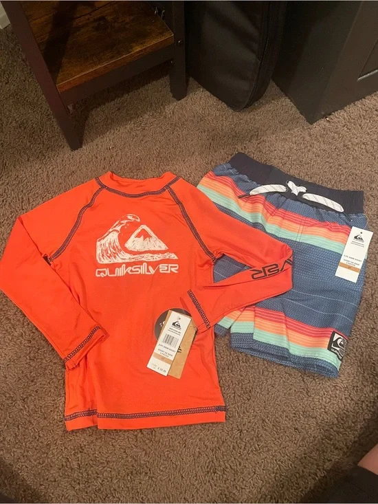 NWT - Quiksilver Kids' Orange Rash Guard & Striped Boardshort Set