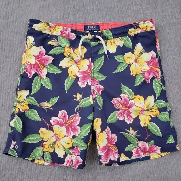 Vintage 90s Polo Ralph Lauren Youth Hibiscus Board Swim Trunks Shorts Size 14-16