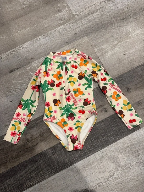NWOT Kids Disney Cream One-Piece Rash Guard with Multicolor Fruit & Floral Print