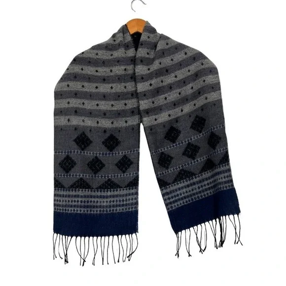 Italian Design Cashmere Blend Scarf Gray Blue Geometric‎ Fringe Winter Wrap