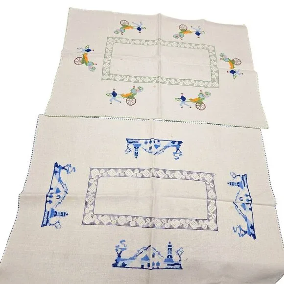 Vintage Table Placemats Colorful Oriental Horse Buggy‎ Cross Stitch Embroidery