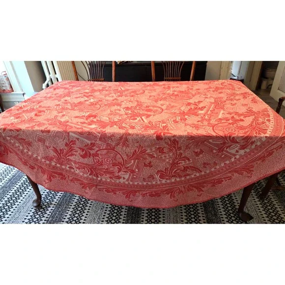 Jacquard Francais Primrose Bordier Red 90'' Round Tablecloth + 9 Napkins