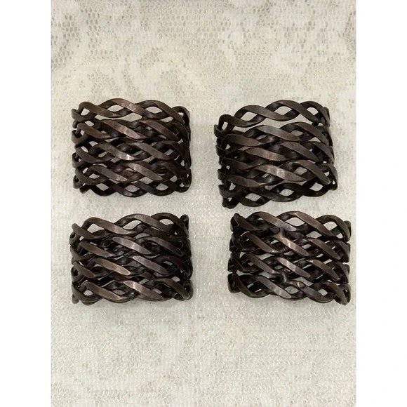 Vintage Woven Metal Napkin Rings Set of 4 Dark‎ Bronze Lattice Table Decor