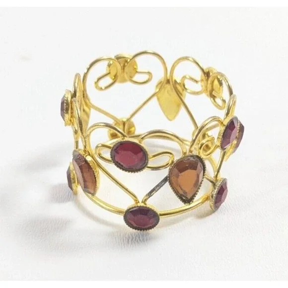 4 Pier One Imports Jeweled Napkin Rings‎ Red & Amber Set In Gold Tone Metal