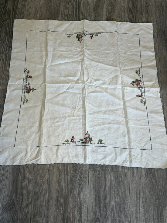Vintage Small Square Linen Blend Asian Theme Table Cloth Cover