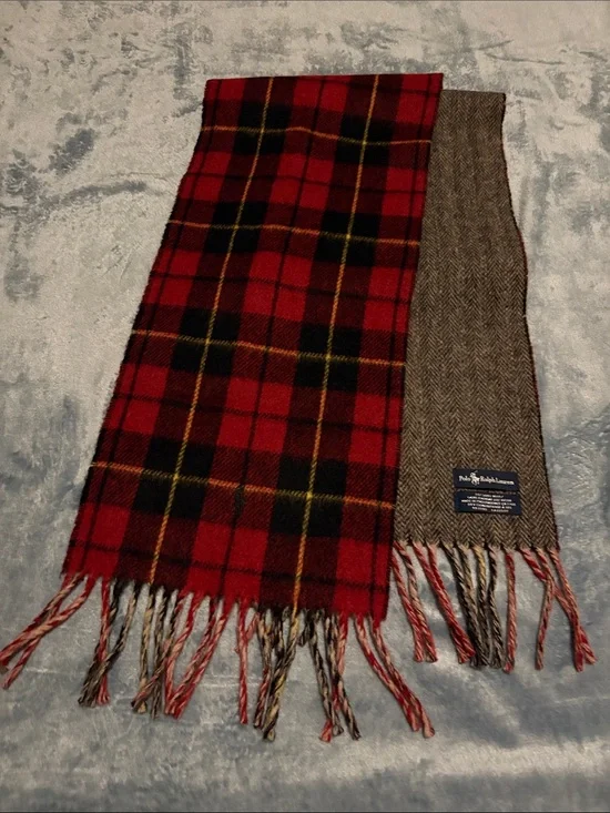 Polo by Ralph Lauren Red Plaid and Brown Herringbone Reversible Scarf