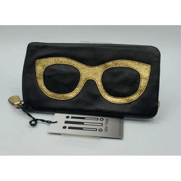 ili New York Black & Gold Leather Embellished Zippered Eyeglass Case Pocket NWT