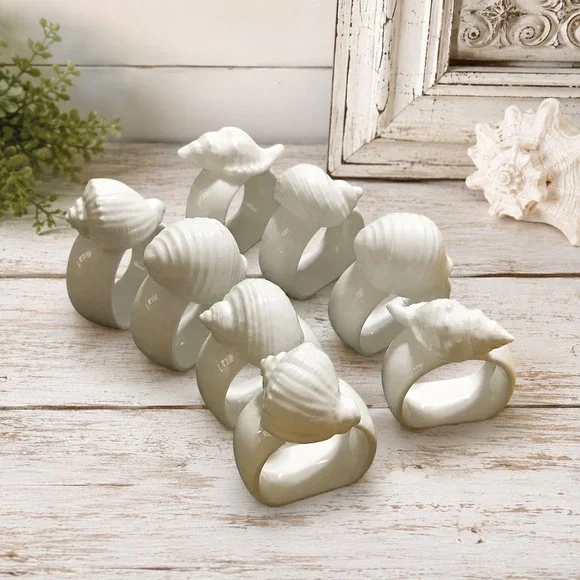 Set of 8 White Ceramic Seashell Napkin Rings Coastal Nautical Beach Decor conch