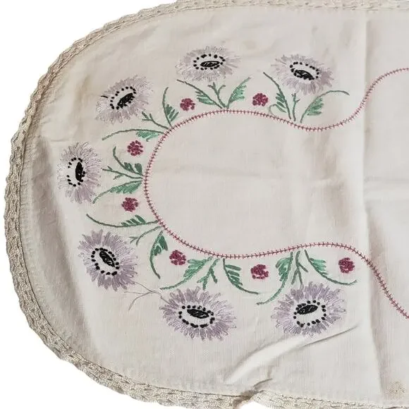 VINTAGE TABLE RUNNER CORN FLOWER GARDEN EMBROIDERED DRESSER SCARF ESTATE MCM