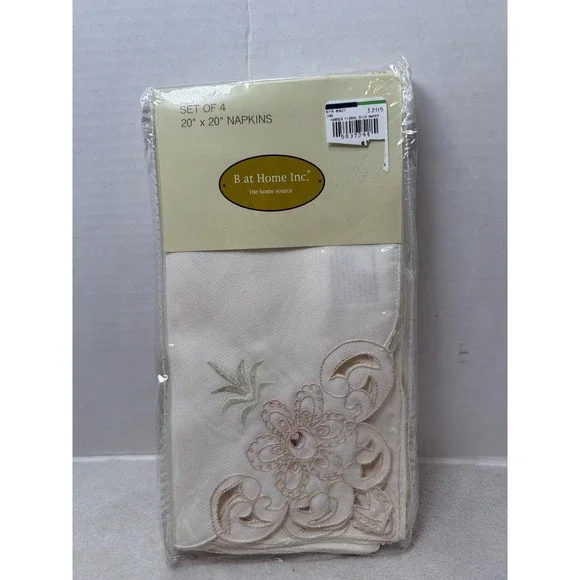 B at Home Inc Napkins 20x20 Cream Garden Floral Embroidered Set of 4 NEW