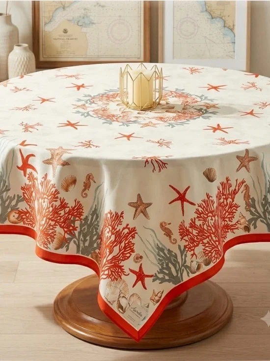 NWT Beauvillé Luxury French Tablecloth – Coastal Coral & Seashells 67
