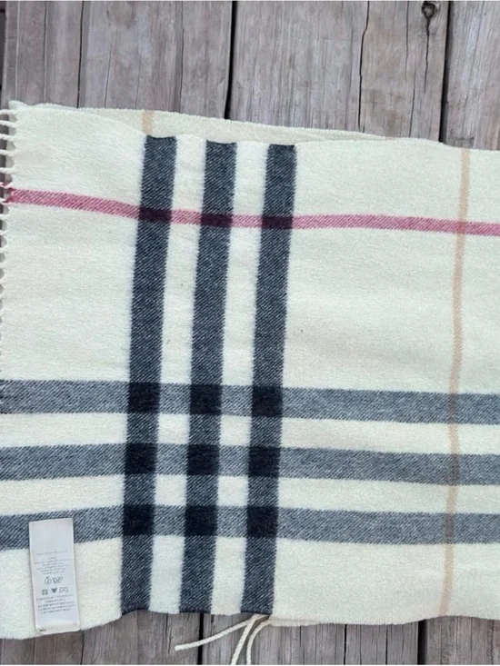 Burberry Cream Classic Check Cashmere Scarf with Black and Pink Accents
