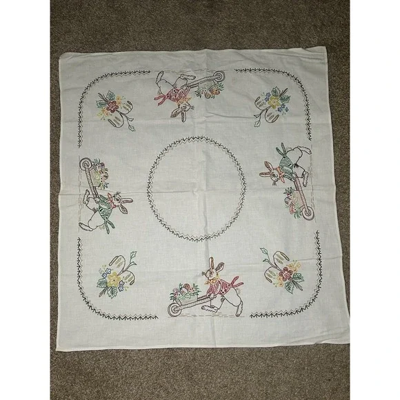 Vintage Embroidered Bunny Easter Egg Blue Flower White Small Tablecloth