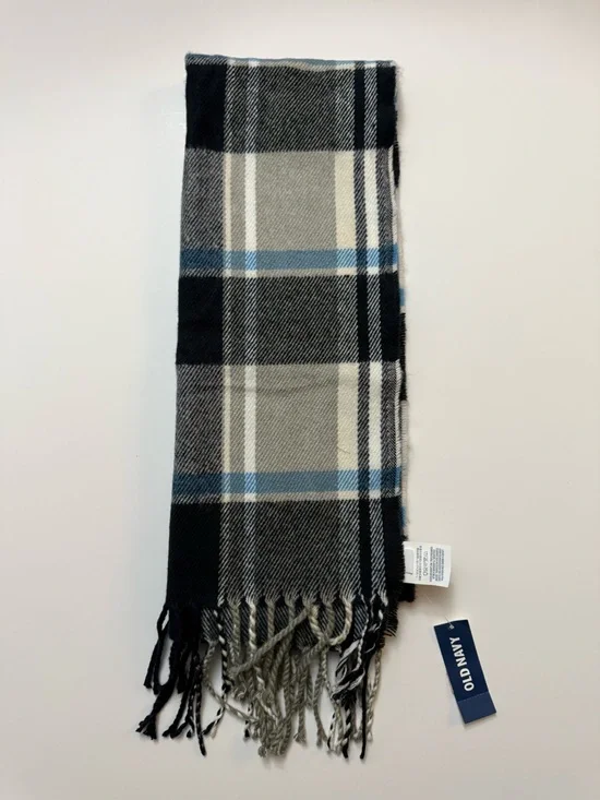 Old Navy Black Gray Blue Plaid Fringe Scarf
