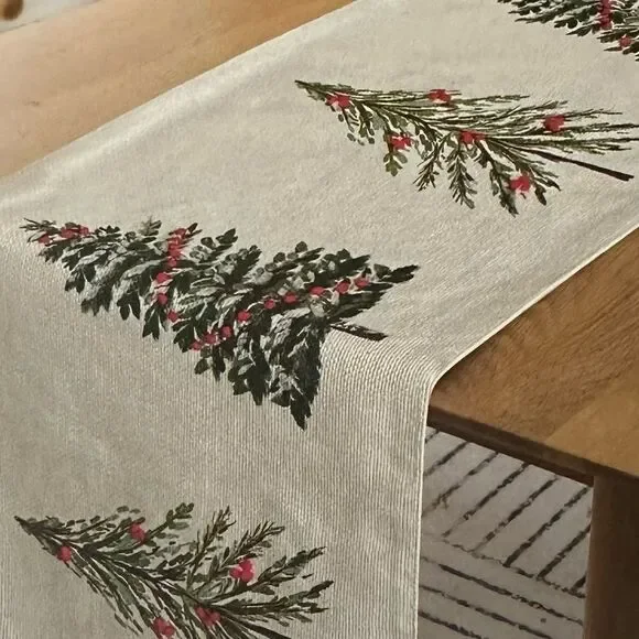 tinsel & fir White Green Red Embroidered Christmas Tree Print Table Runner