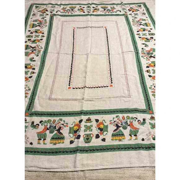 Vtg Parisian Prints Ceramics Dutch Folk Art Linen Tablecloth 48