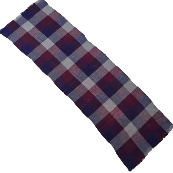 Vintage Men's Plaid Scarf Navy Maroon Checkered Fringe 1970s Winter Warm