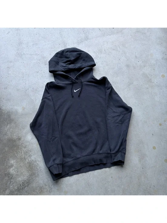 Nike Black Hoodie with White Swoosh Logo, Medium